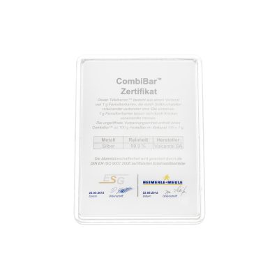 100g Silberbarren Combibar Valcambi Zertifikat